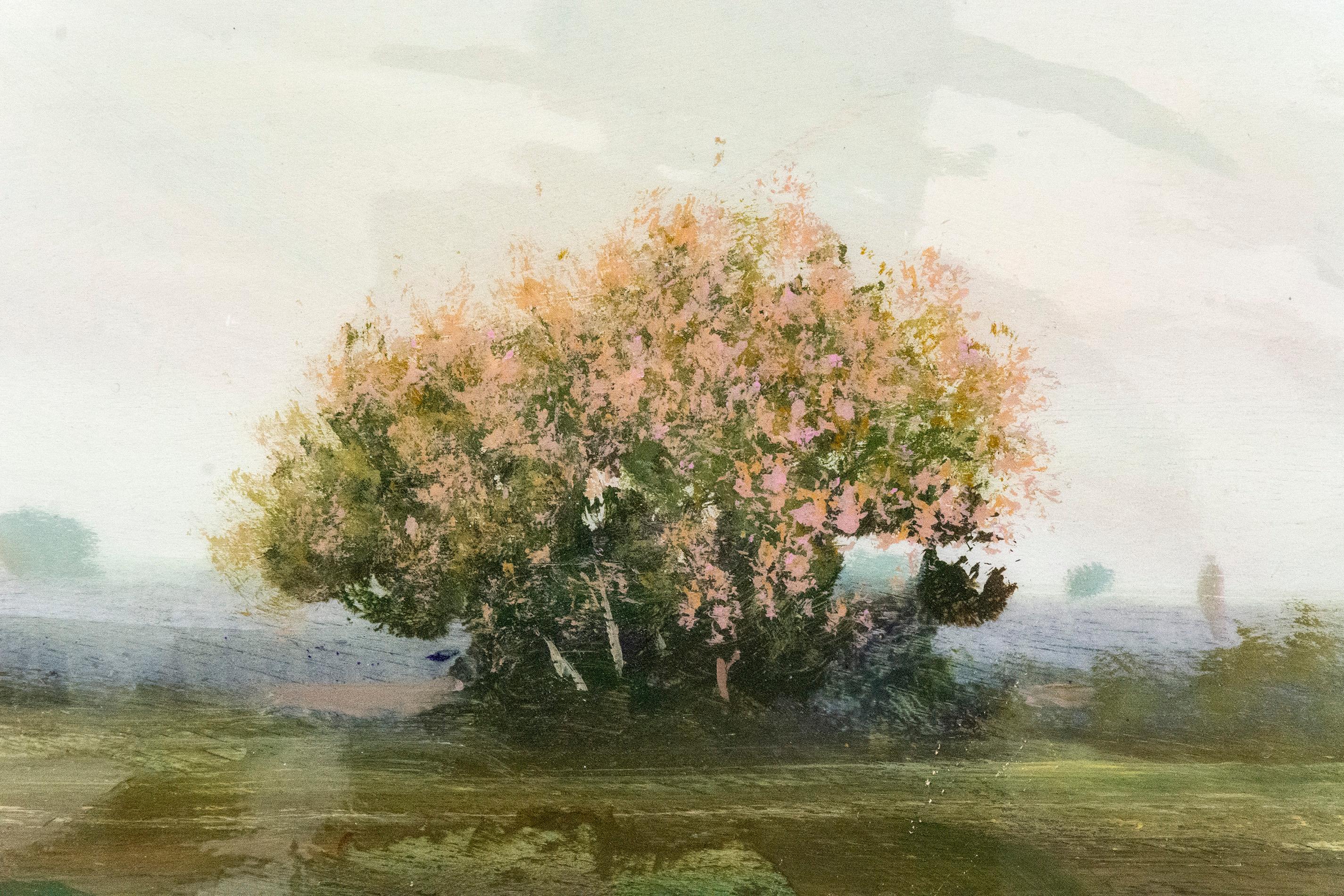 Turquesa, rosa y malva se bañan sobre un paisaje boscoso clásico en esta composición horizontal del pintor canadiense Peter Hoffer. El cuadro está 
