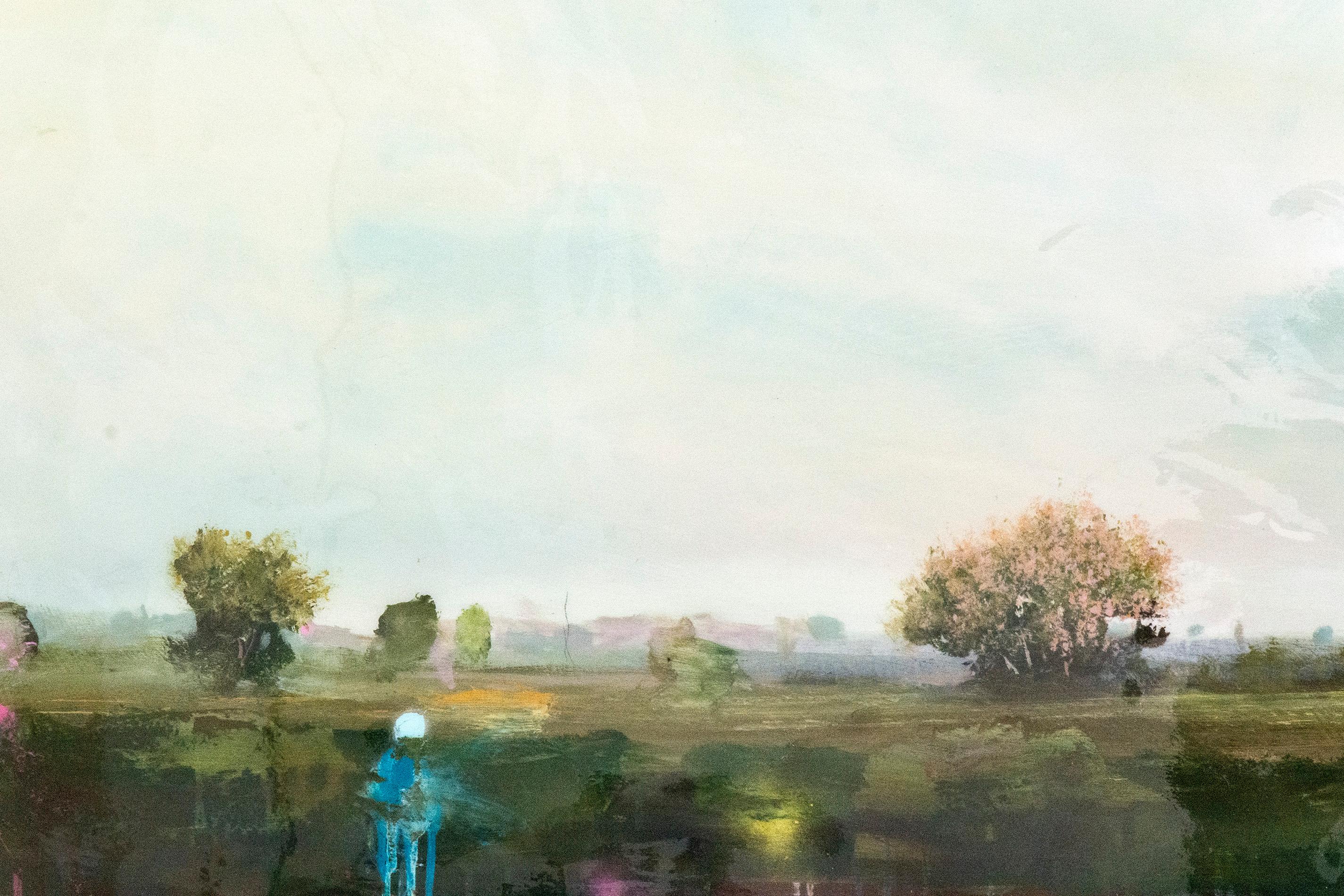 Turquoise, pink and mauve are washed over a classical forested landscape in this horizonal composition by Canadian painter Peter Hoffer. The painting is 'varnished' in resin evoking nostalgia for the forms and techniques of the Romantic
