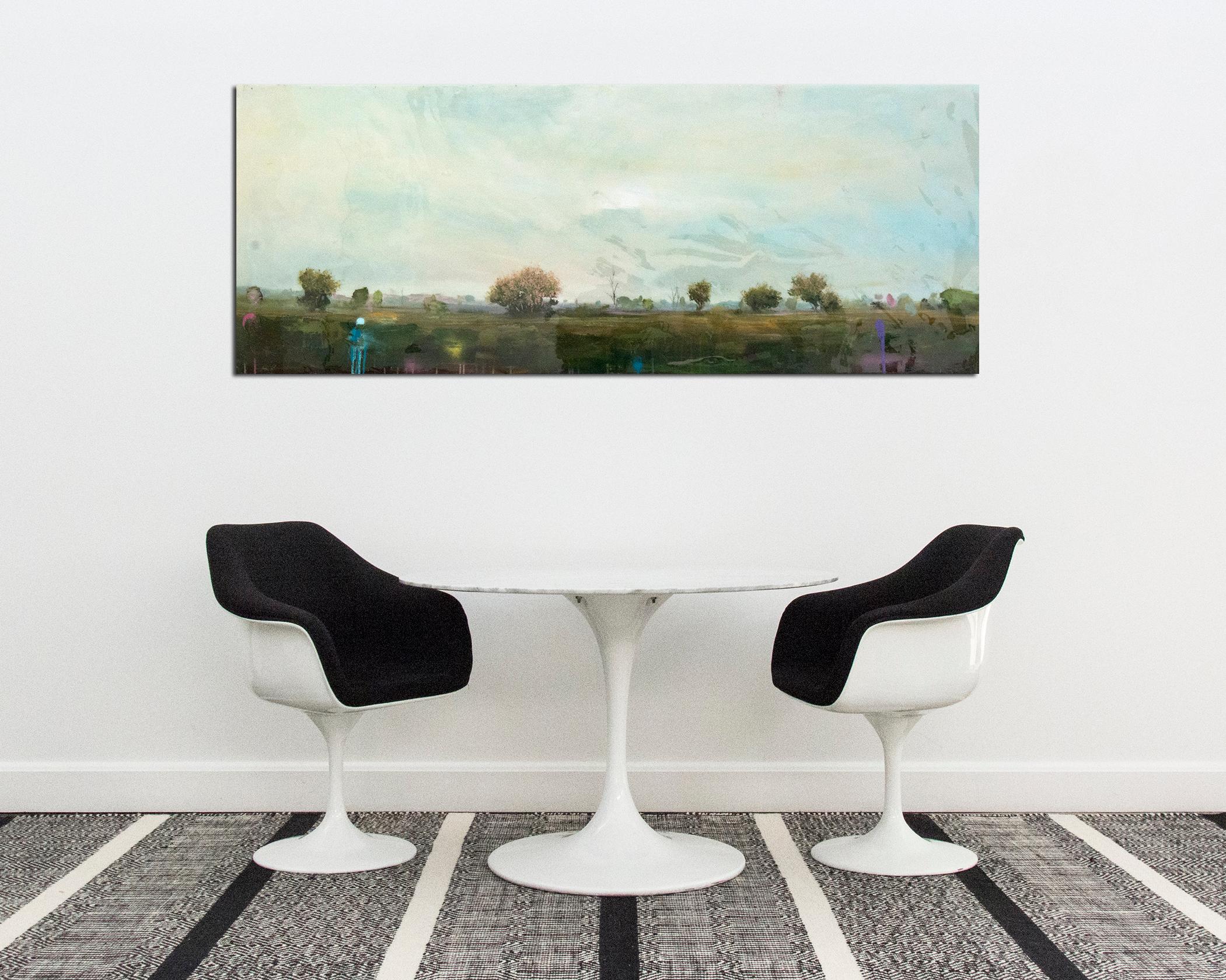 Est - grün, blau, rosa, zeitgenössische Landschaft, Acryl und Harz auf Tafel im Angebot 4