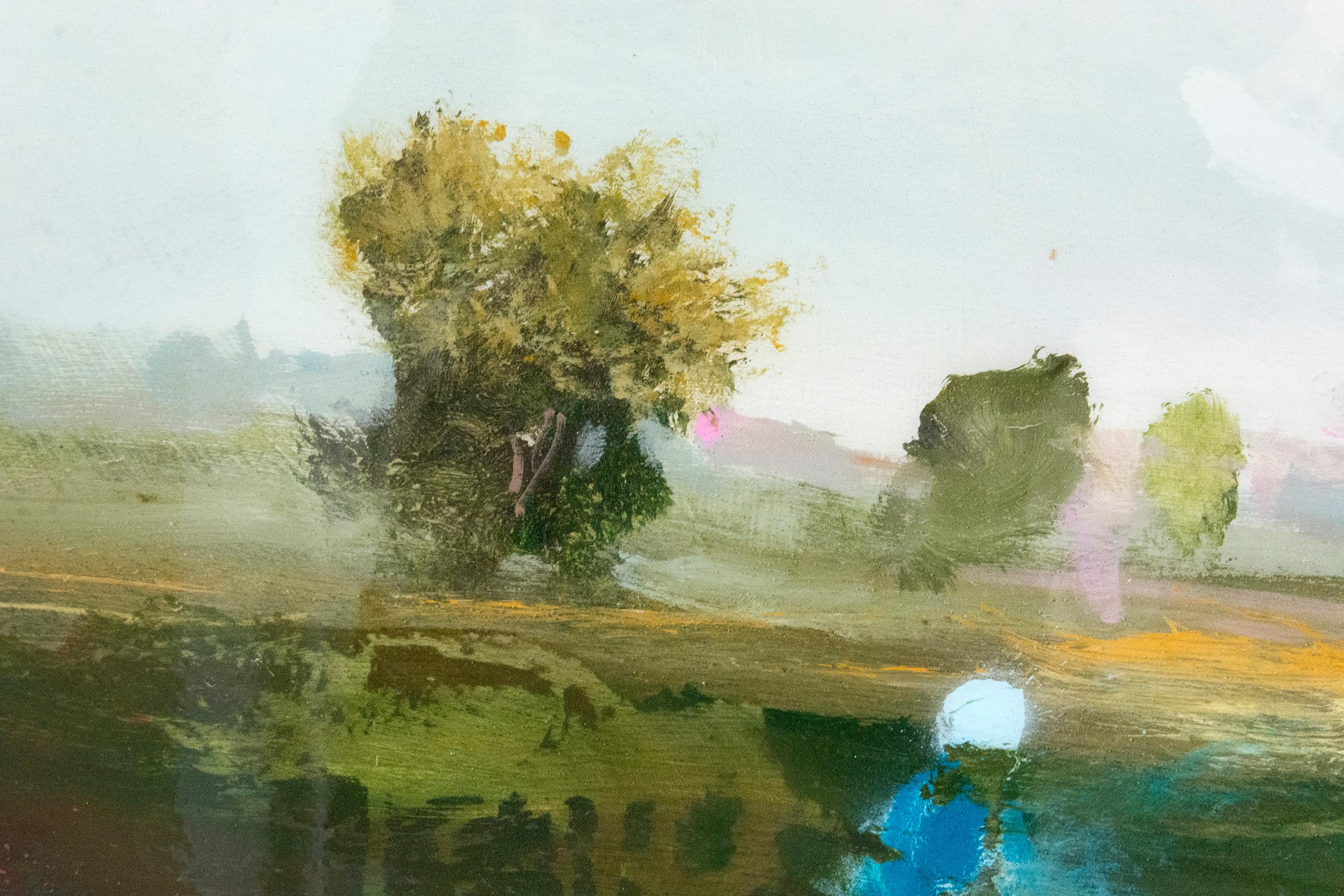 Est - verde, azul, rosa, paisaje contemporáneo, acrílico y resina sobre panel en venta 5