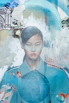 Fendi - acrílico, óleo, papel vintage, modelo femenina de moda, collage en plexiglás