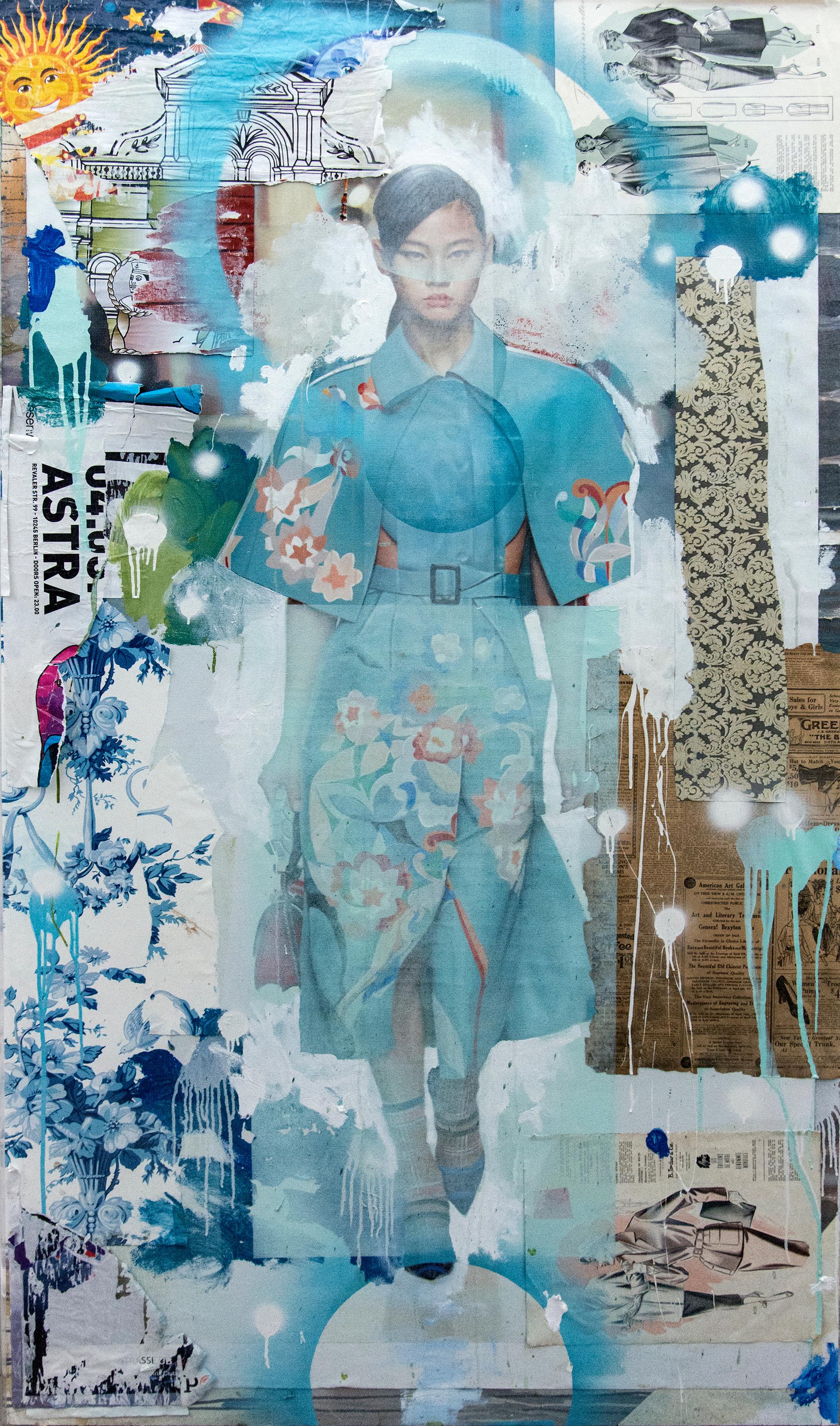 Fendi - acrylique, huile, papier vintage, mannequin de mode, collage en plexiglas