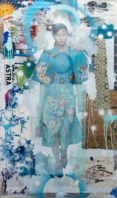 Fendi - acrylic, oil, vintage paper, fashion female model, collage in plexiglass