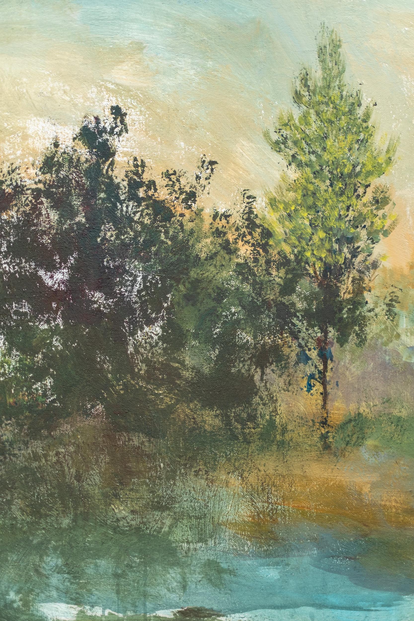 Mirada - contemporánea, figurativa, paisaje, arcilla y pigmento sobre yute en venta 1