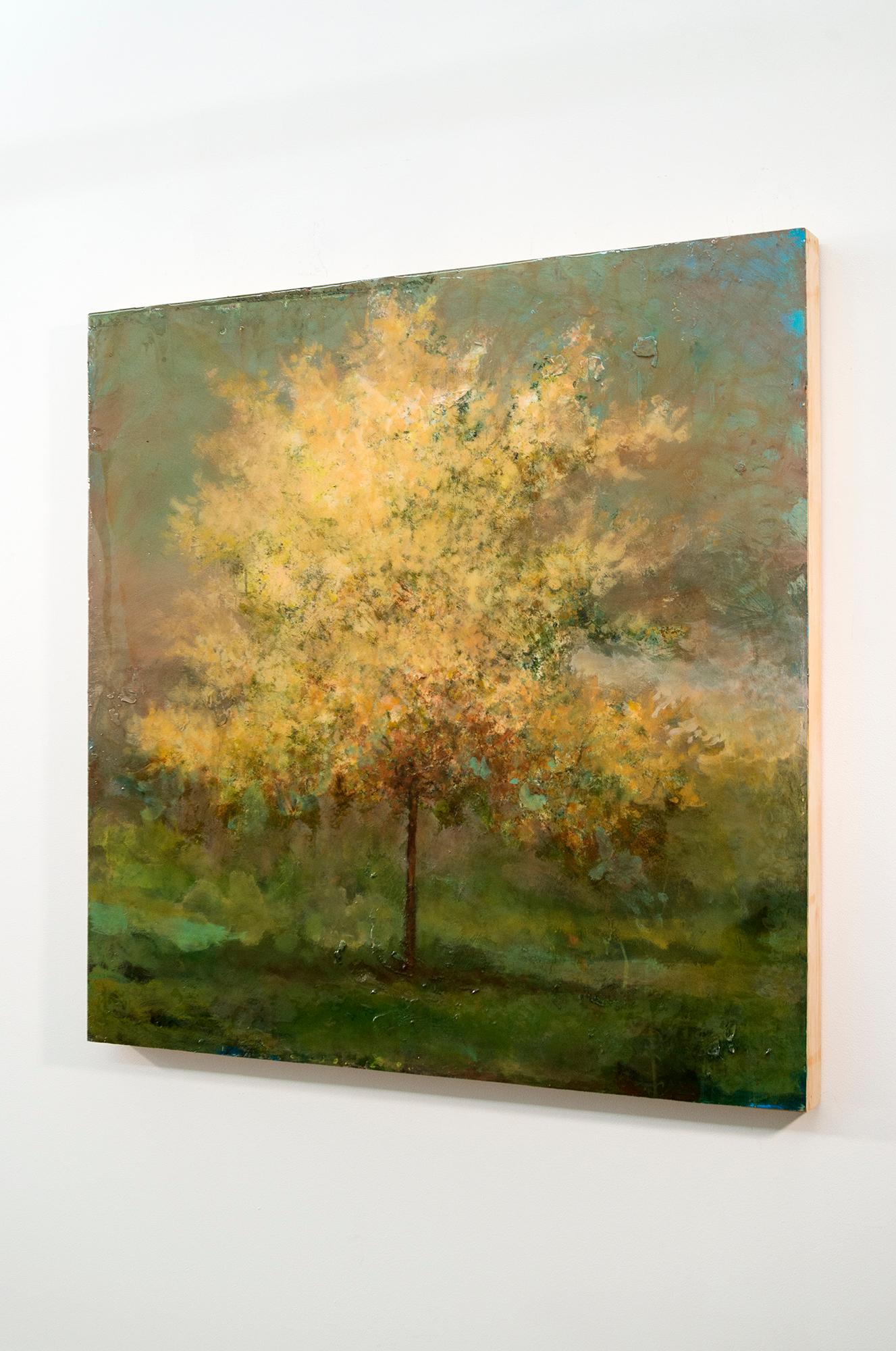 Harunobu - contemporáneo, paisaje, árbol, acrílico y resina sobre panel - Landscape Painting Marrón de Peter Hoffer