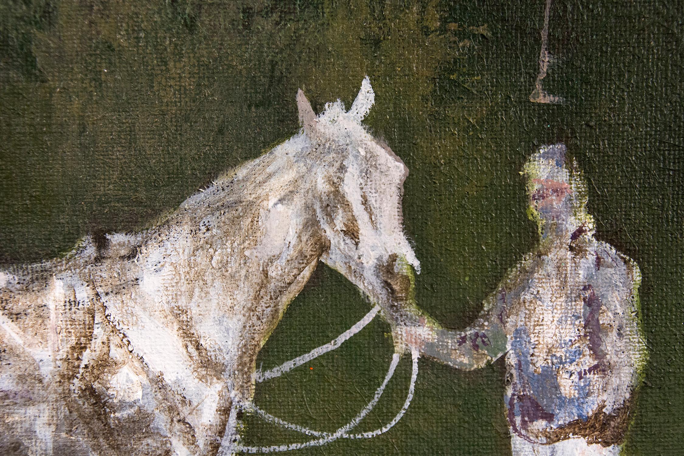 Horse and Rider - large, green, blue, landscape, figurative, mixed media on jute - Blue Landscape Painting by Peter Hoffer