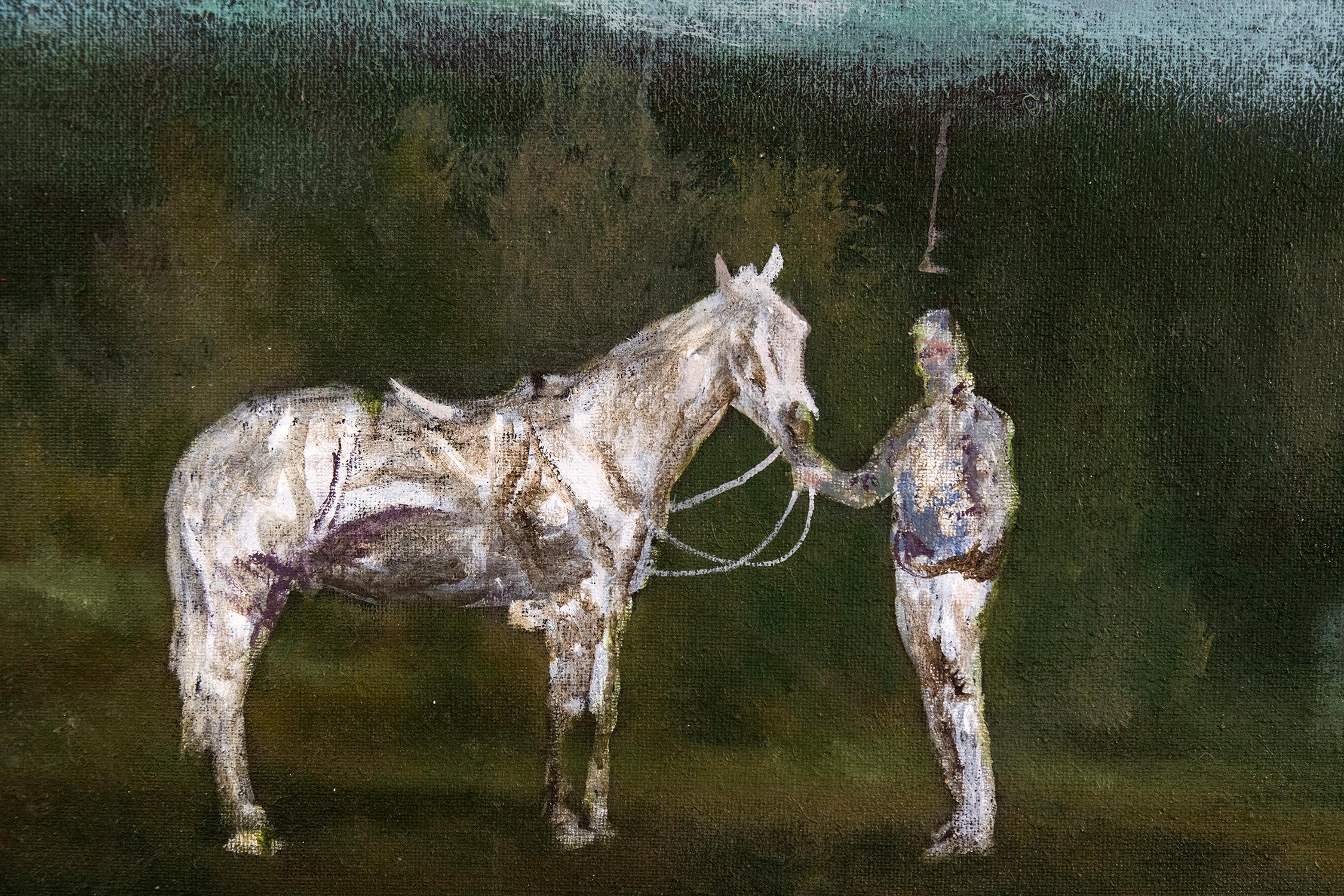 The ghostly figures of a man and horse are set against the epic backdrop of a forested landscape and atmospheric blue sky. Peter Hoffer's paintings evoke nostalgia for classical, romantic forms and periods. Here he seems to look to the sublime in