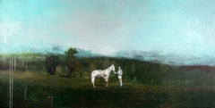 Grand cheval et cavalier - vert, bleu, paysage, figuratif, technique mixte sur jute