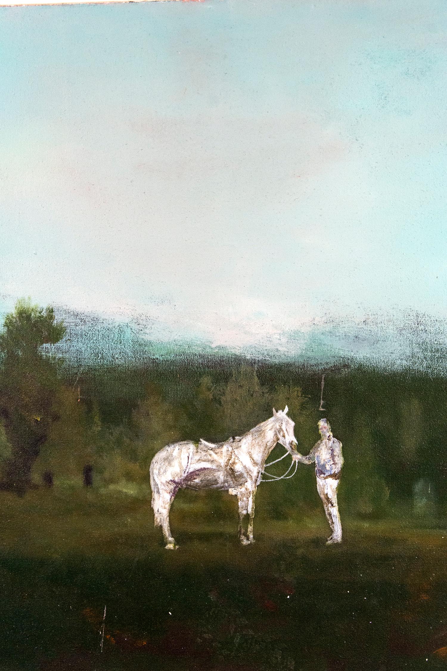Horse and Rider - large, green, blue, landscape, figurative, mixed media on jute - Painting by Peter Hoffer