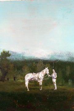 Caballo y jinete - grande, verde, azul, paisaje, figurativo, técnica mixta sobre yute