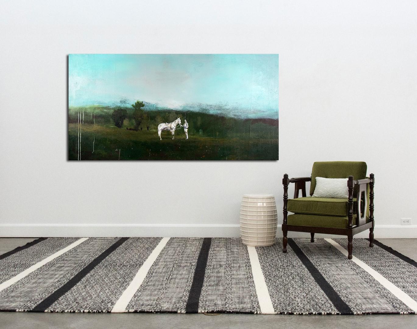 Horse and Rider - large, green, blue, landscape, figurative, mixed media on jute - Contemporary Painting by Peter Hoffer