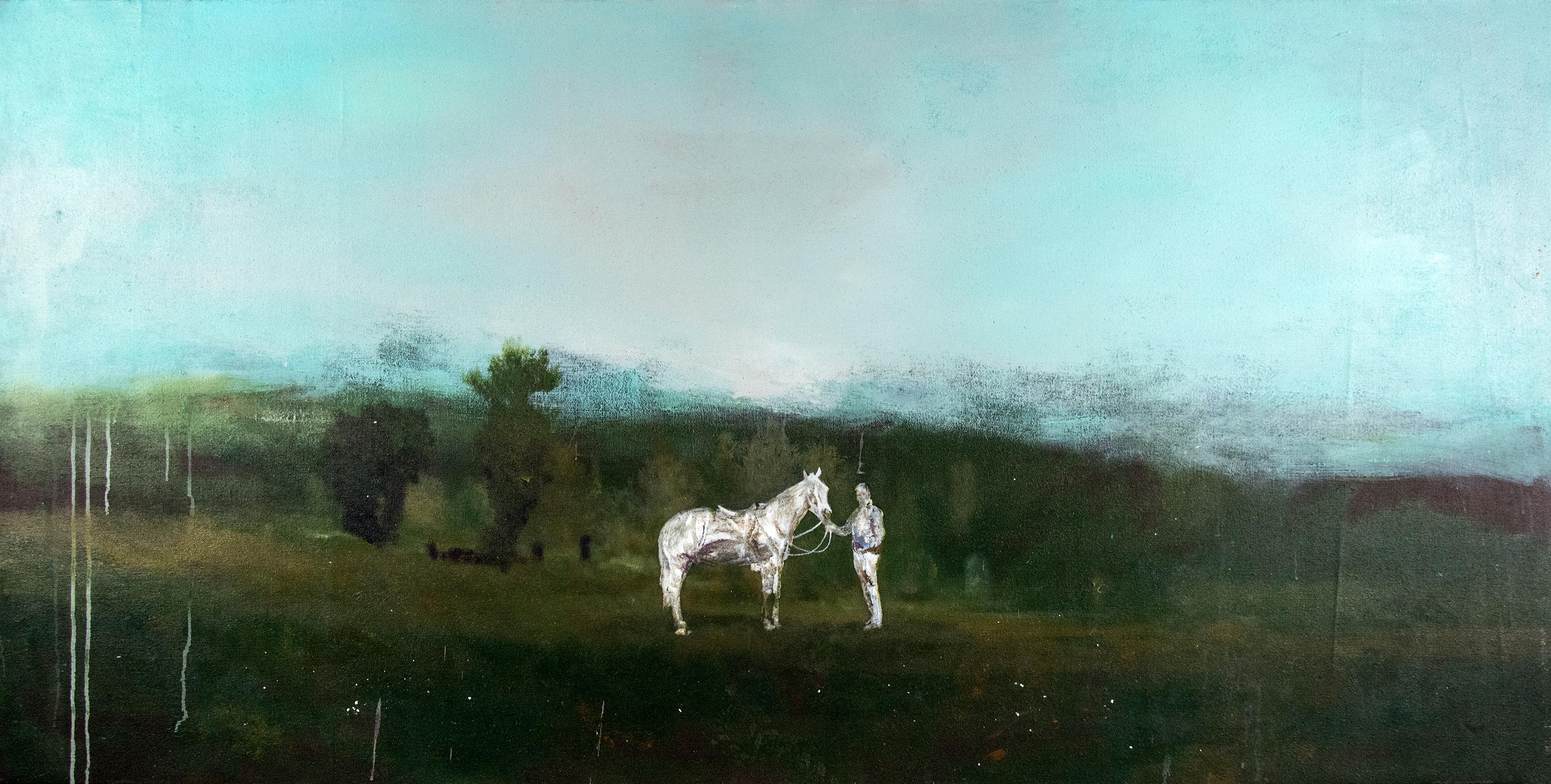 Peter Hoffer Figurative Painting – Horse and Rider - groß, grün, blau, Landschaft, figurativ, Mischtechnik auf Jute