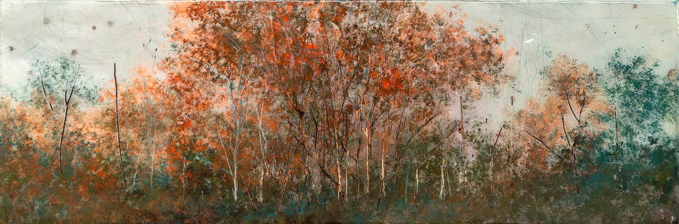 Laurentian - contemporaneo, paesaggio, alberi, acrilico e resina su pannello