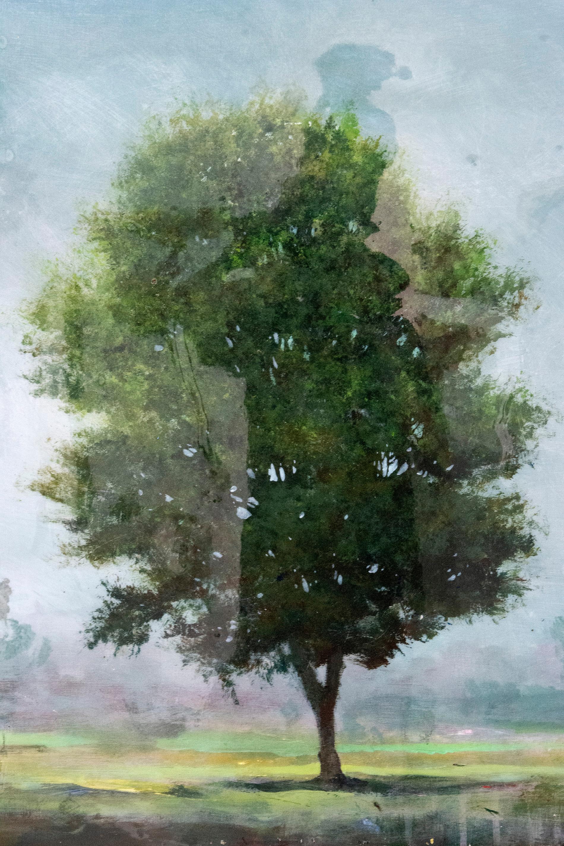Linden 2020 - soft, landscape, tree, contemporary, acrylic and resin on panel - Blue Landscape Painting by Peter Hoffer