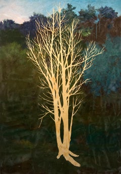 Linden - large, green, blue, landscape, impressionist, acrylic, resin on panel