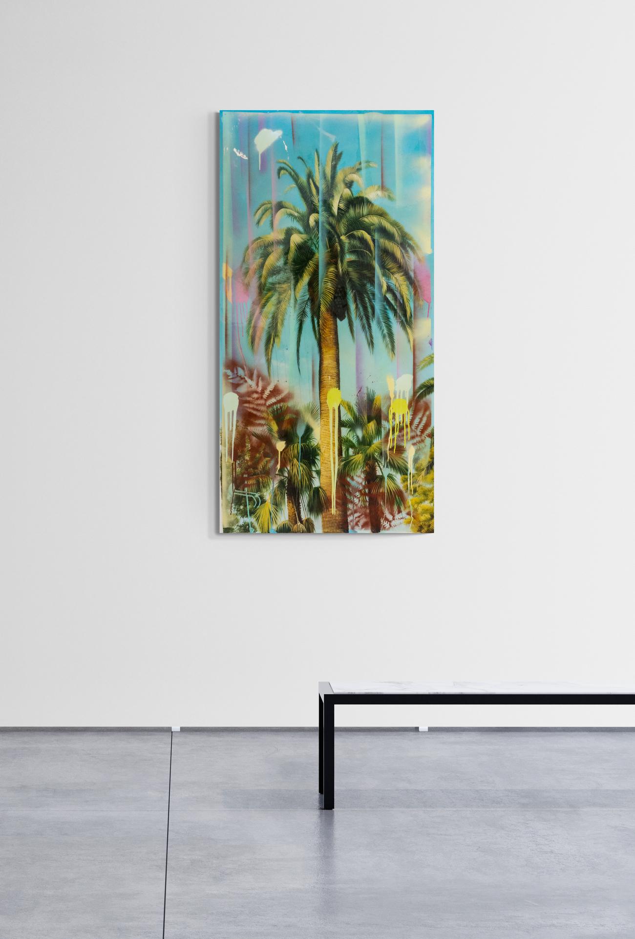 A majestic palm stands tall amidst a tangle of tropical plants in this landscape by Peter Hoffer. The Canadian artist is known for creating romantic paintings reminiscent of master landscape artists such as Britain’s John Constable. This tree