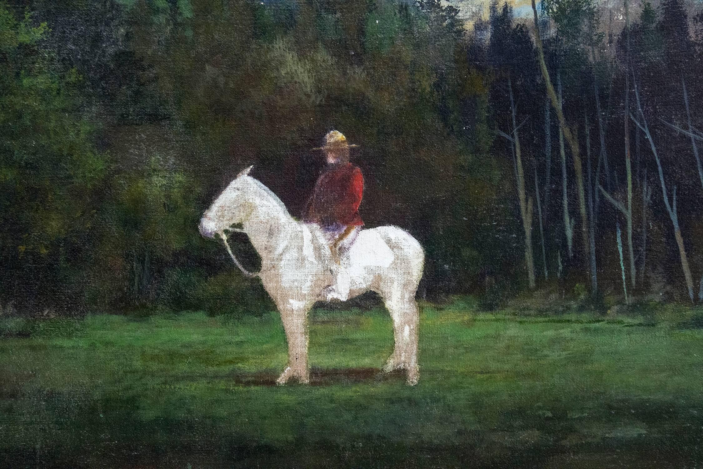 Mountie - large, figurative, trees, horse, acrylic and oil painting on jute - Painting by Peter Hoffer