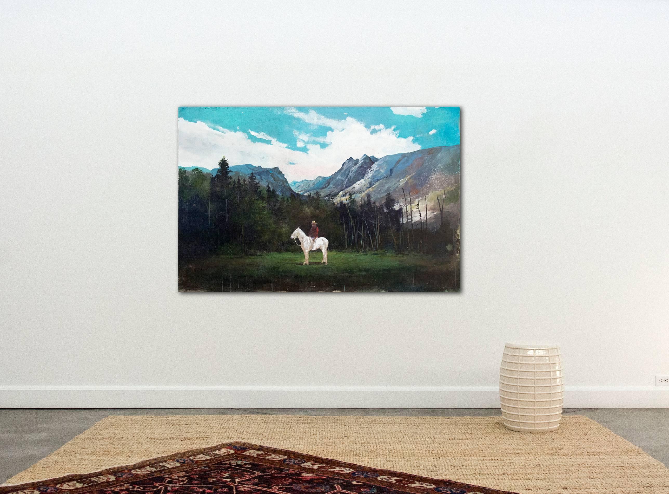 The iconic presence of a Mountie in red serge on a ghostly white horse is set against the backdrop of a mountain landscape. Peter Hoffer's epic paintings evoke nostalgia for classical, romantic forms and periods. Here he seems to look to the sublime