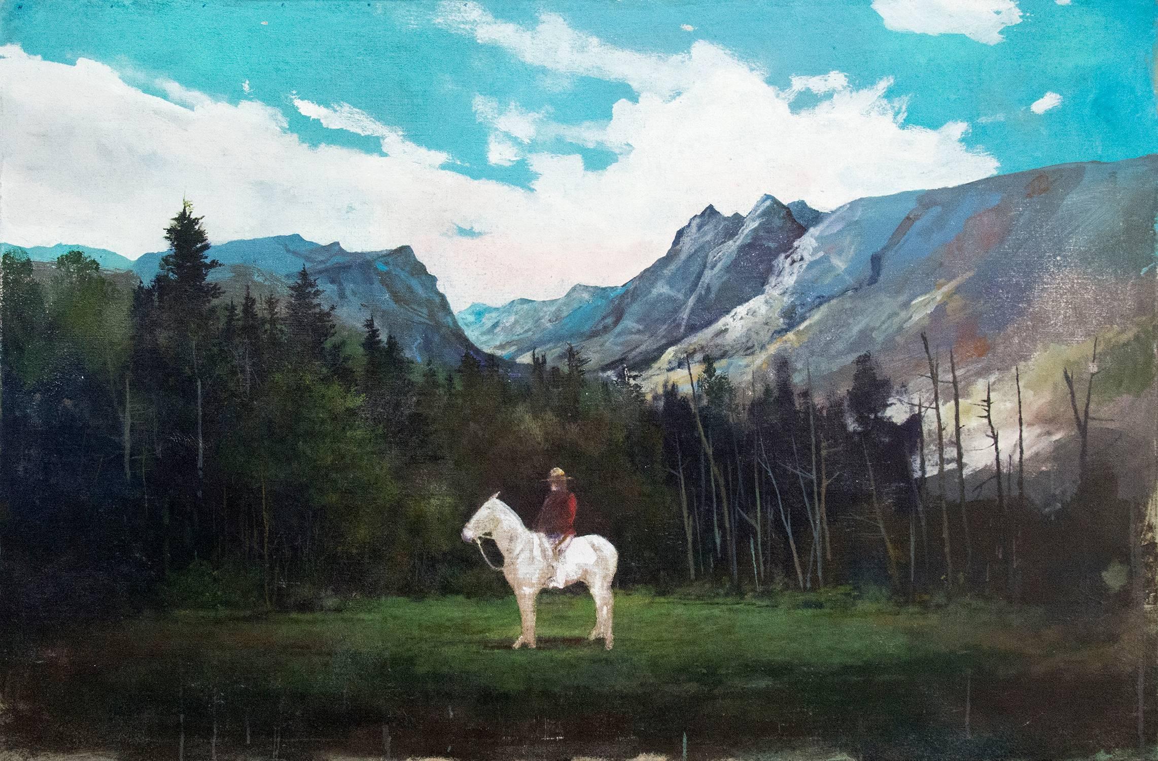 Mountie - grande, figurative, arbres, cheval, peinture à l'huile et acrylique sur jute
