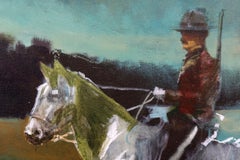 Mountie III- grande, verde, azul, canadiense, figurativo, técnica mixta sobre yute