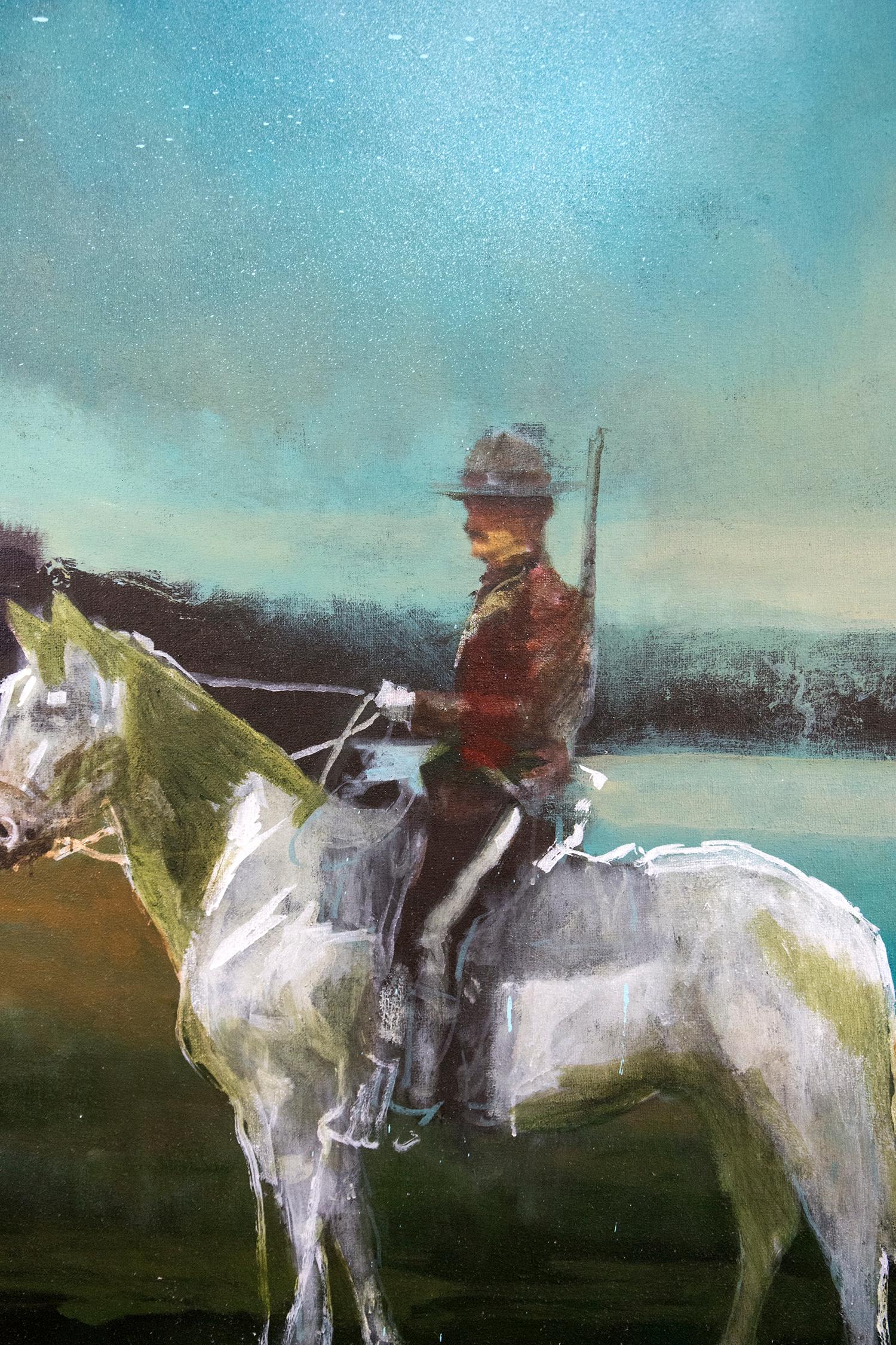 Mountie III- large, green, blue, Canadian, figurative, mixed media on jute - Contemporary Painting by Peter Hoffer