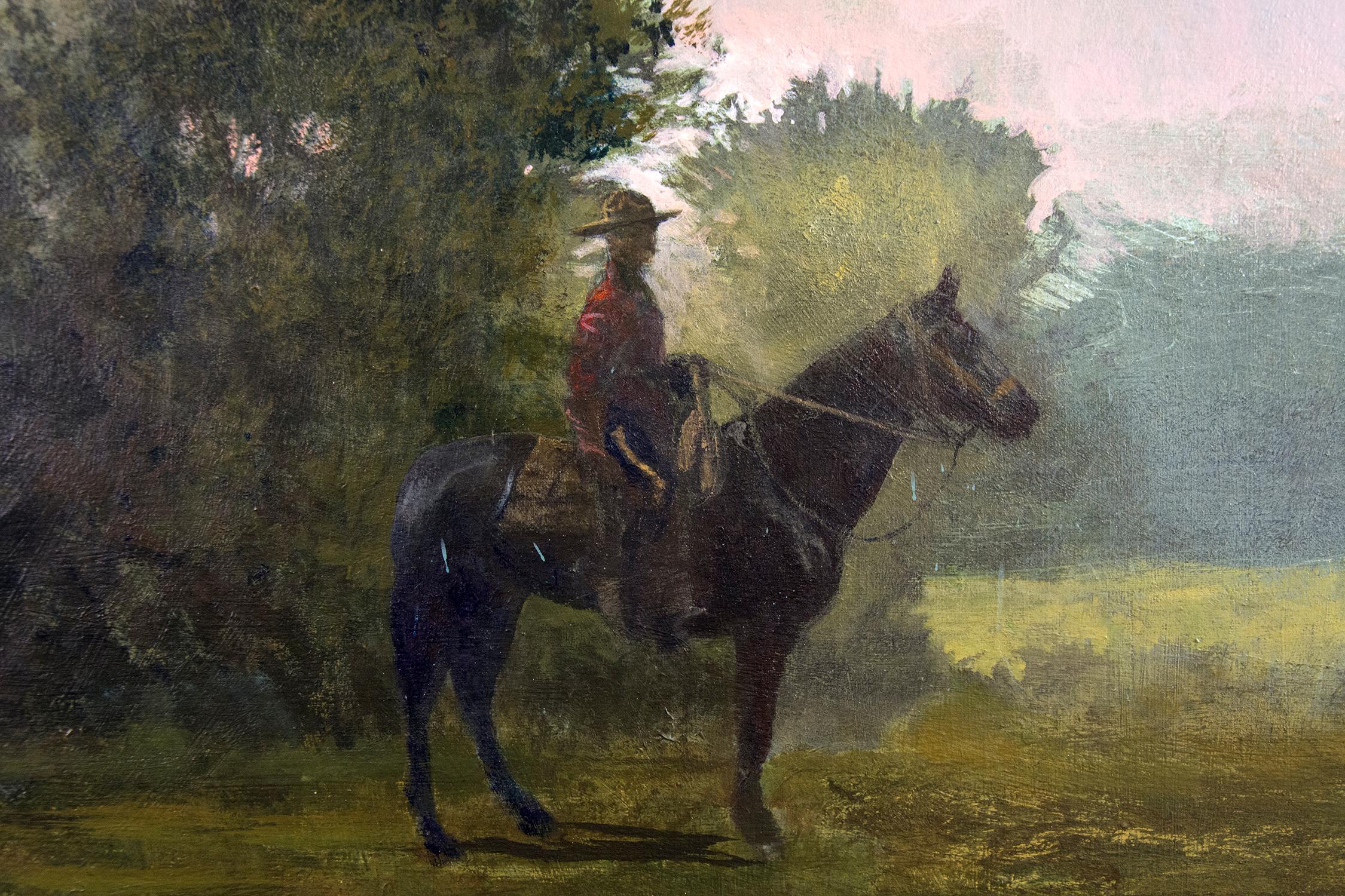 Mountie in Clearing - Gray Landscape Painting by Peter Hoffer