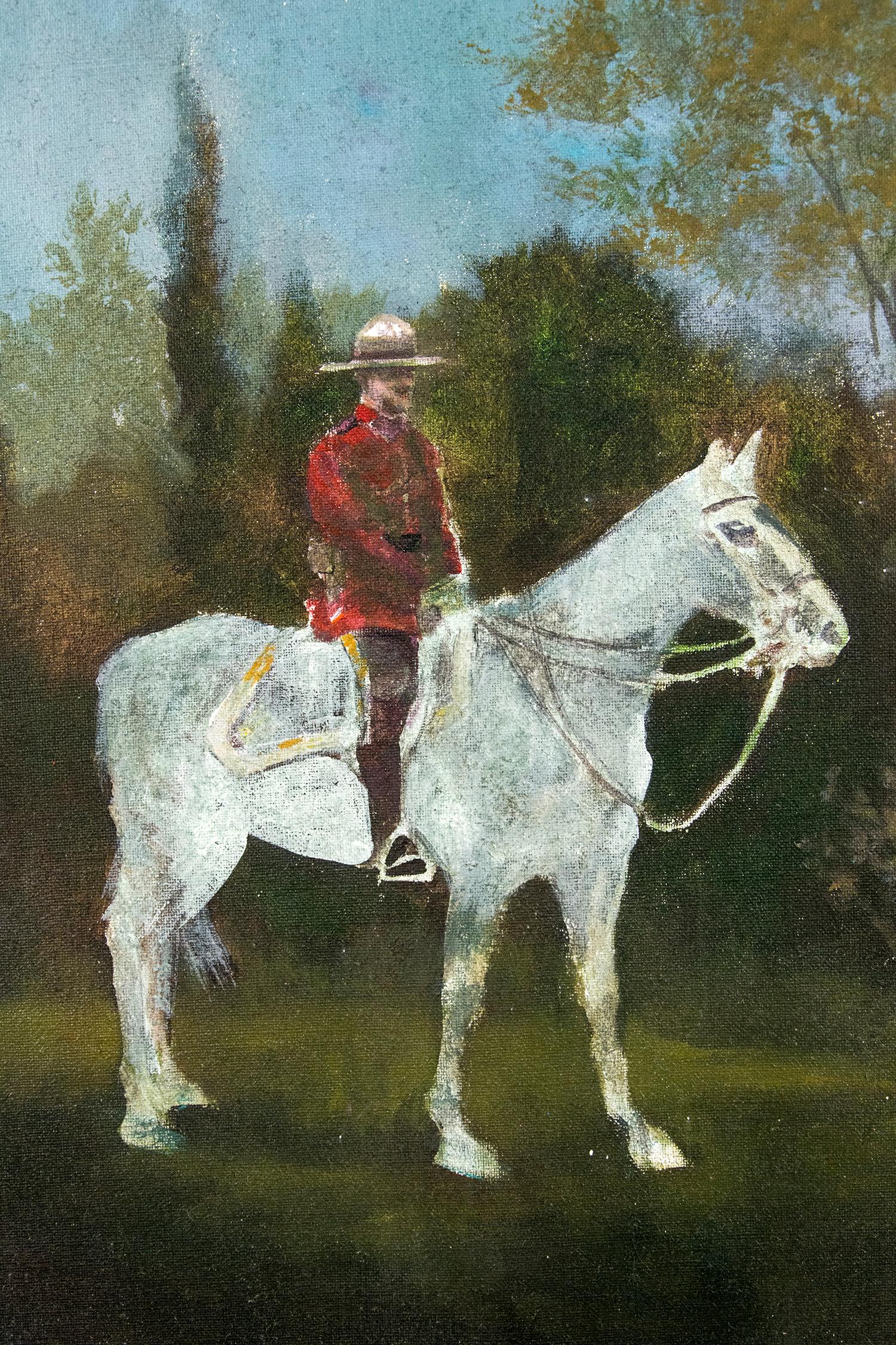 Mountie II - large, figurative, trees, horse, acrylic, oil, painting on jute - Painting by Peter Hoffer