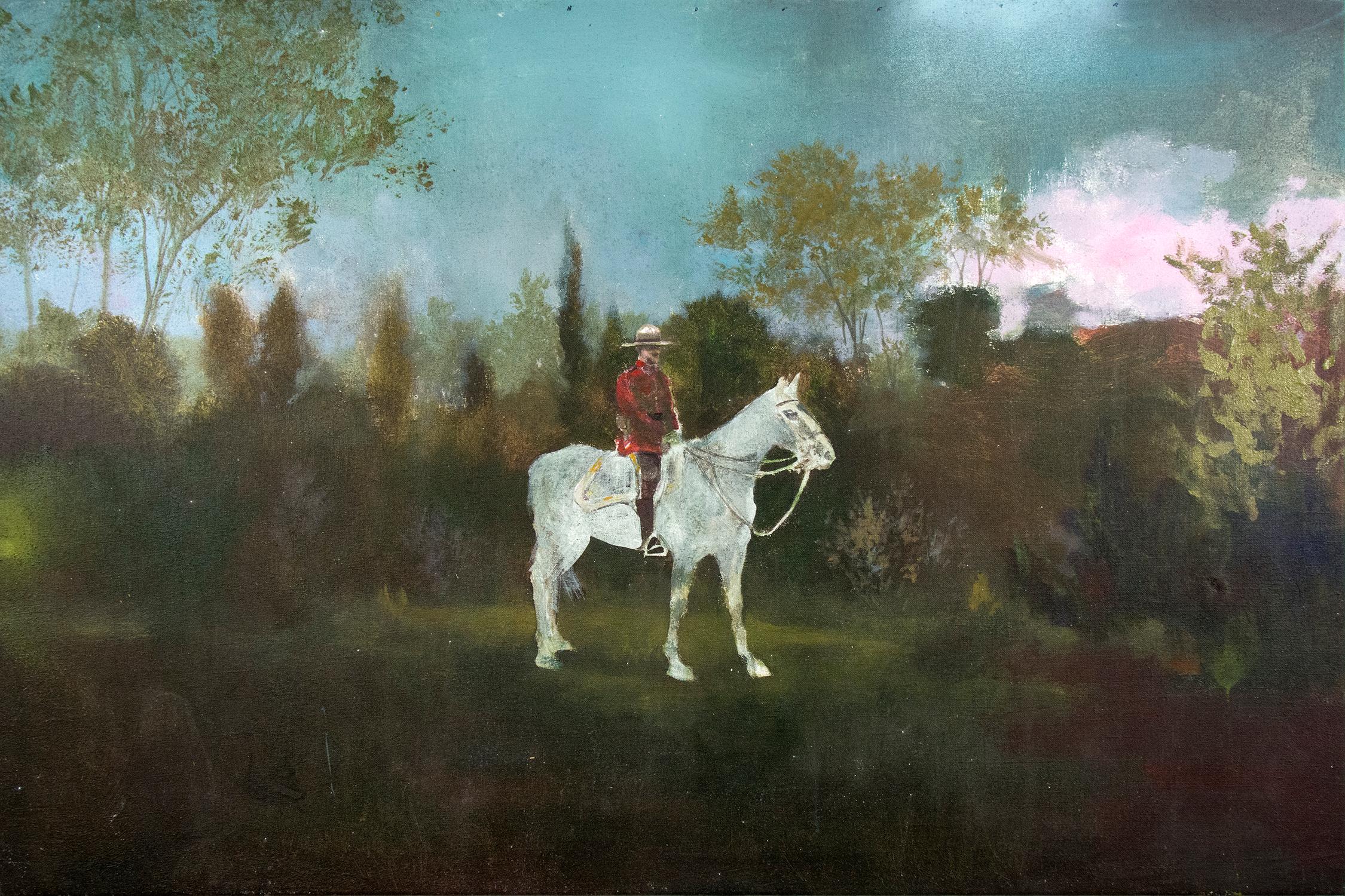 Mountie II - large, figurative, trees, horse, acrylic, oil, painting on jute