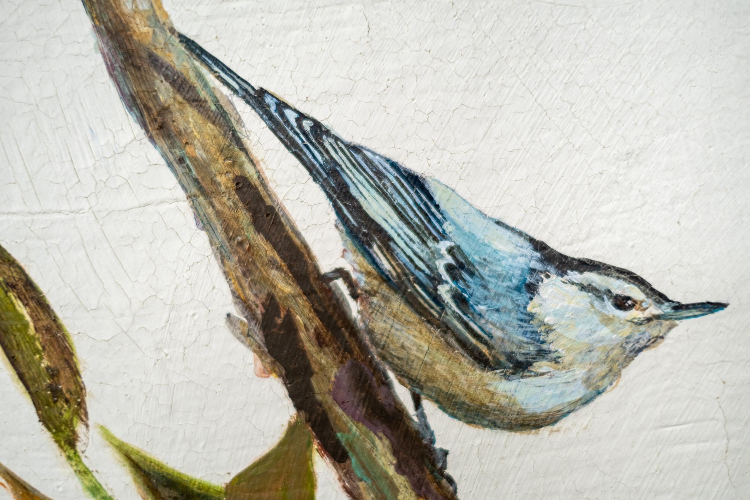 Trepador azul - pintura contemporánea de aves, pigmento de arcilla sobre yute en venta 7