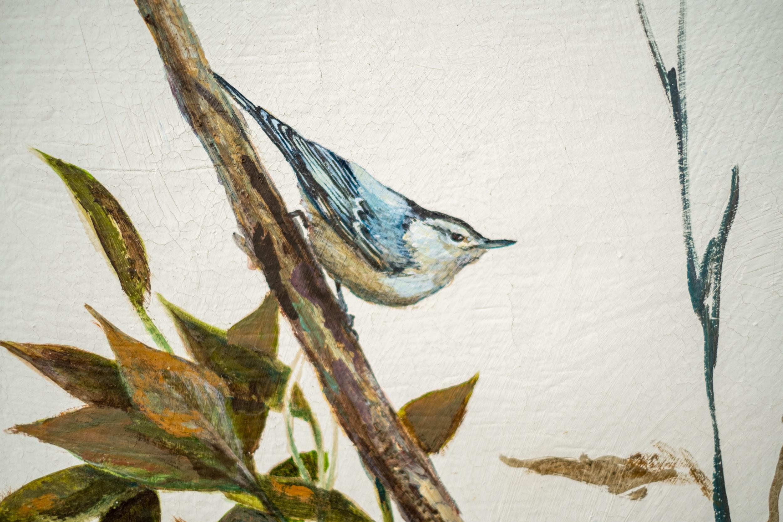 Trepador azul - pintura contemporánea de aves, pigmento de arcilla sobre yute en venta 3