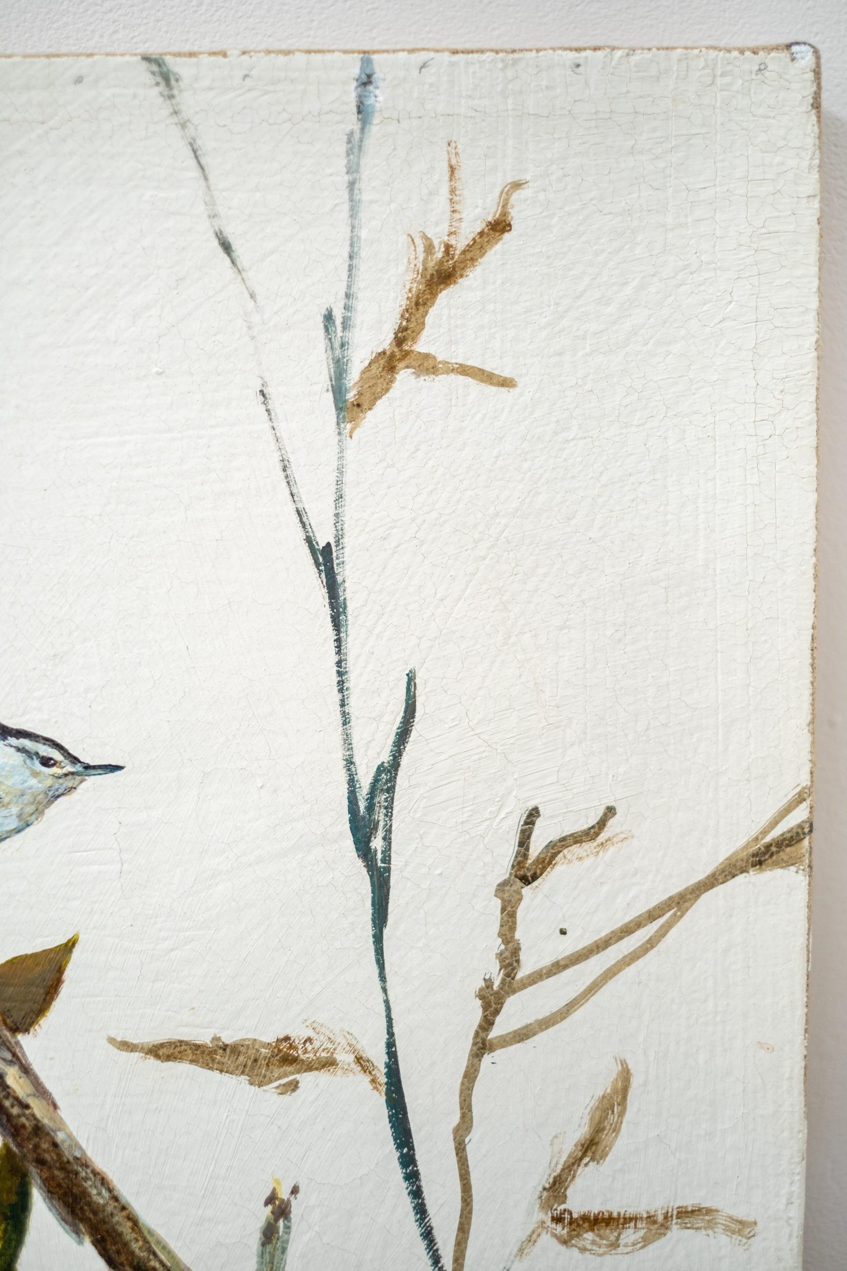 Trepador azul - pintura contemporánea de aves, pigmento de arcilla sobre yute en venta 5