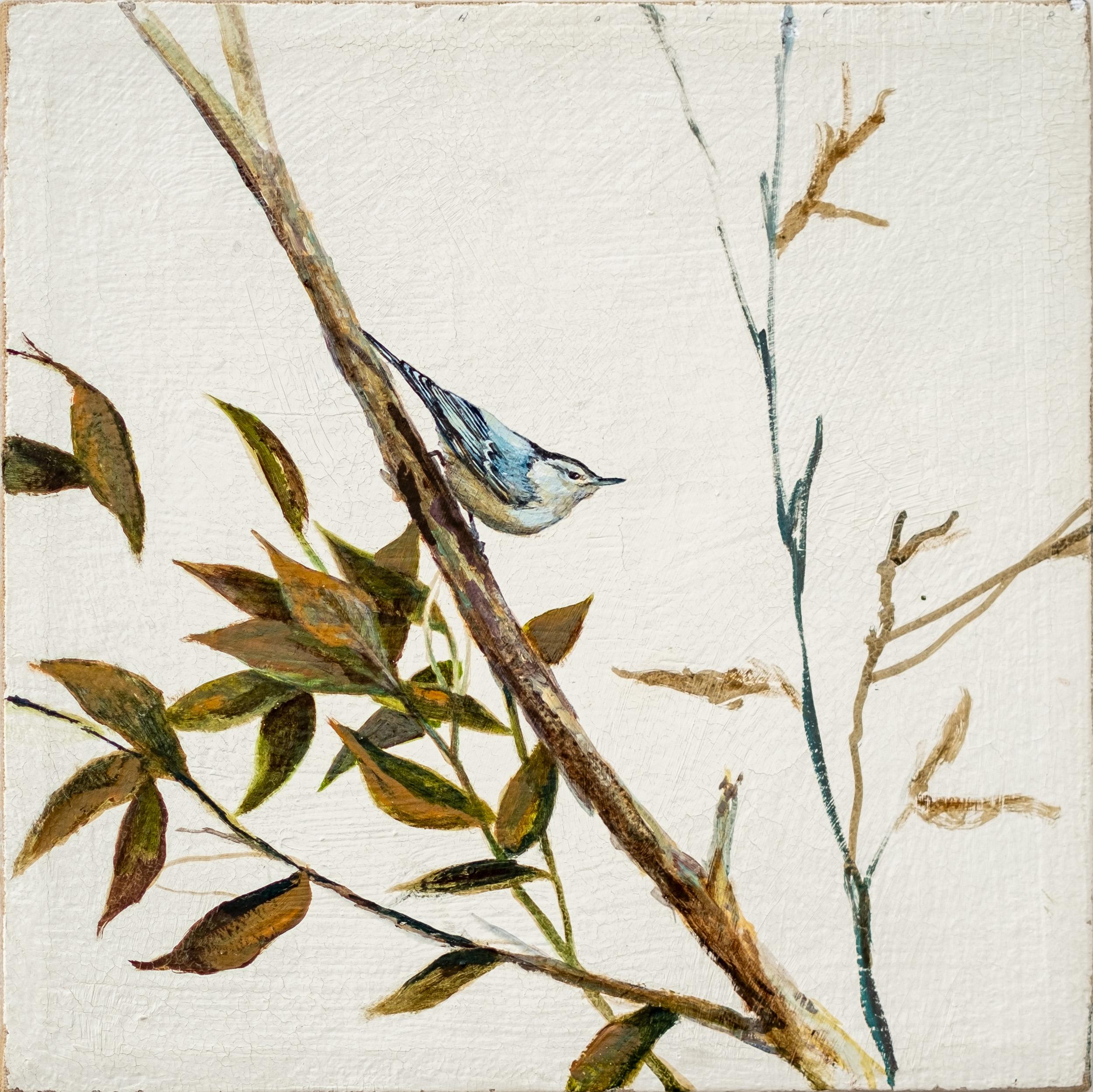 Trepador azul - pintura contemporánea de aves, pigmento de arcilla sobre yute - Painting de Peter Hoffer