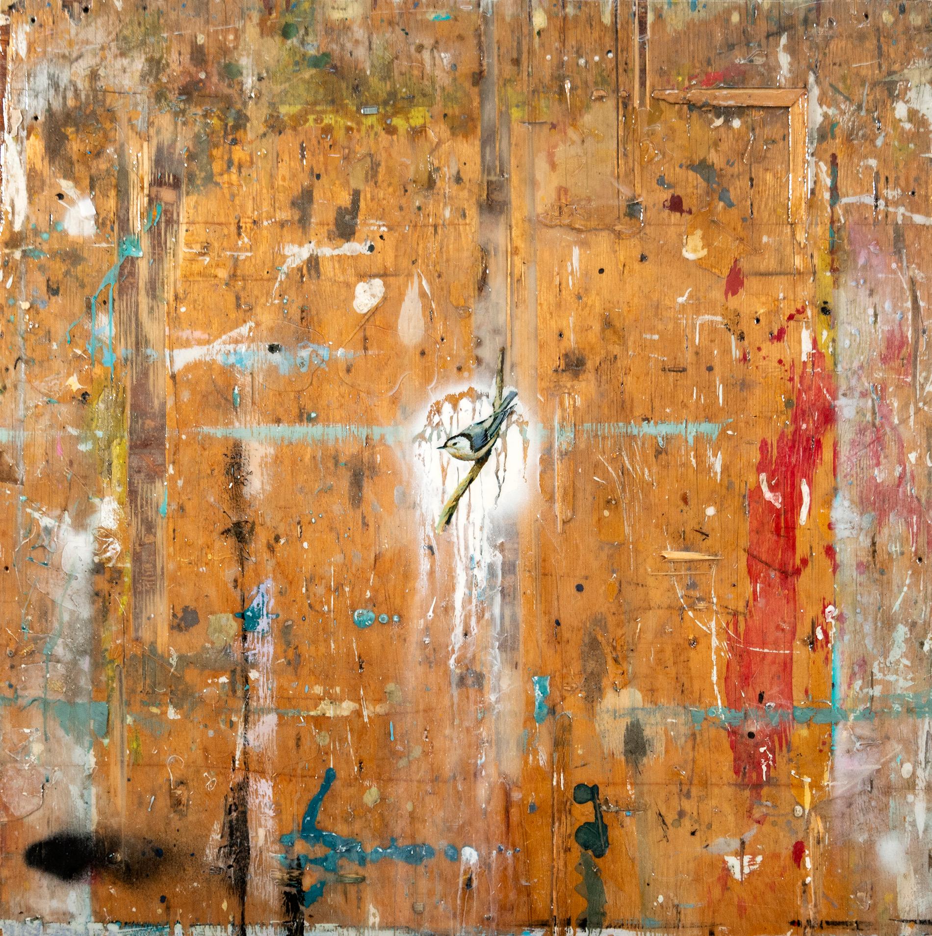 Peter Hoffer Still-Life Painting - Nuthatch II - large, rustic, blue, red, bird, resin and mixed media on panel