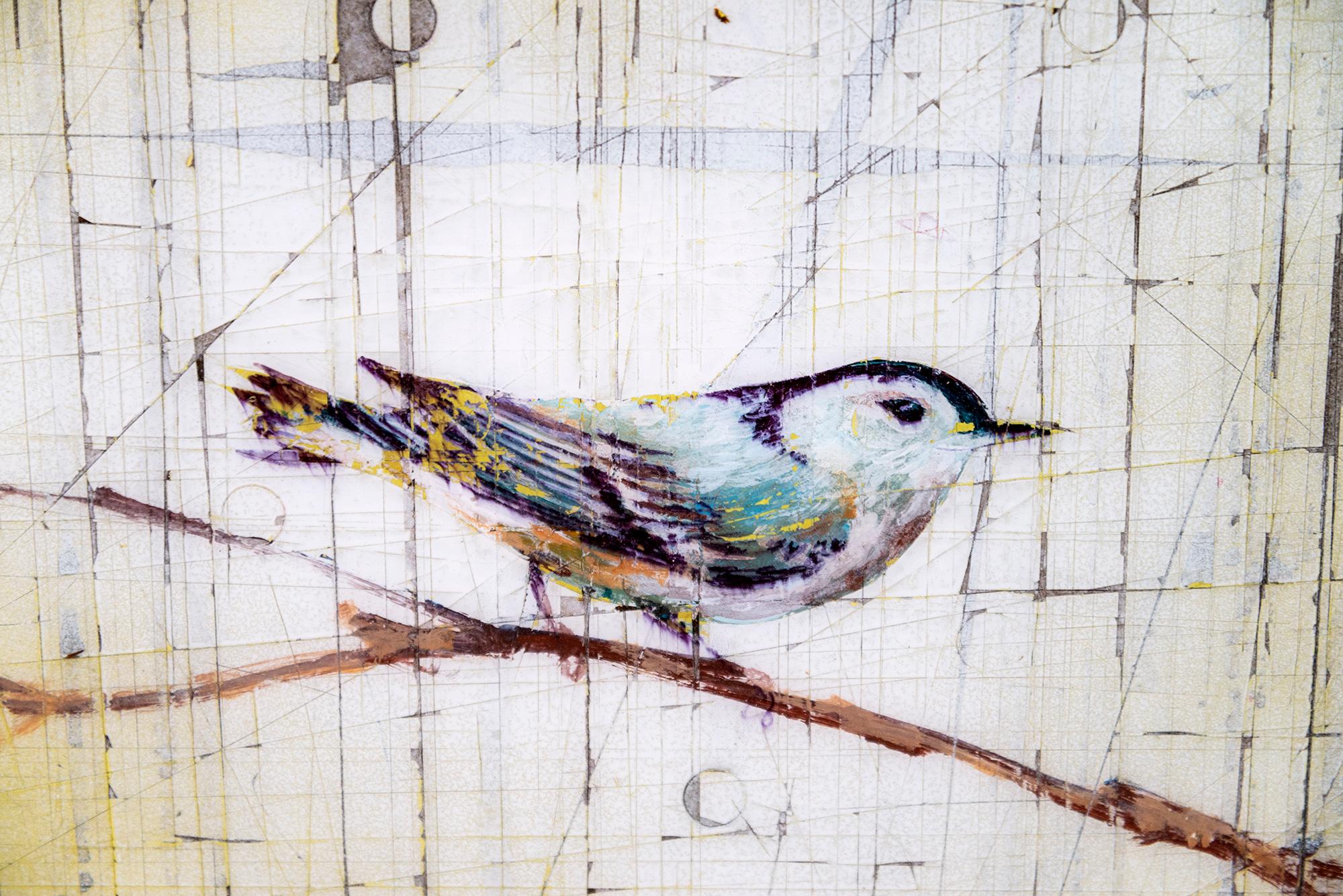 Trepador azul III - contemporáneo, figurativo, pájaro, acrílico y resina sobre tabla en venta 2