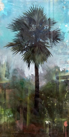 Palm Tree - tropical, green, blue, contemporary, acrylic and resin on panel