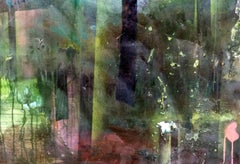 Palma - tropicale, verde, blu, contemporanea, acrilico e resina su pannello