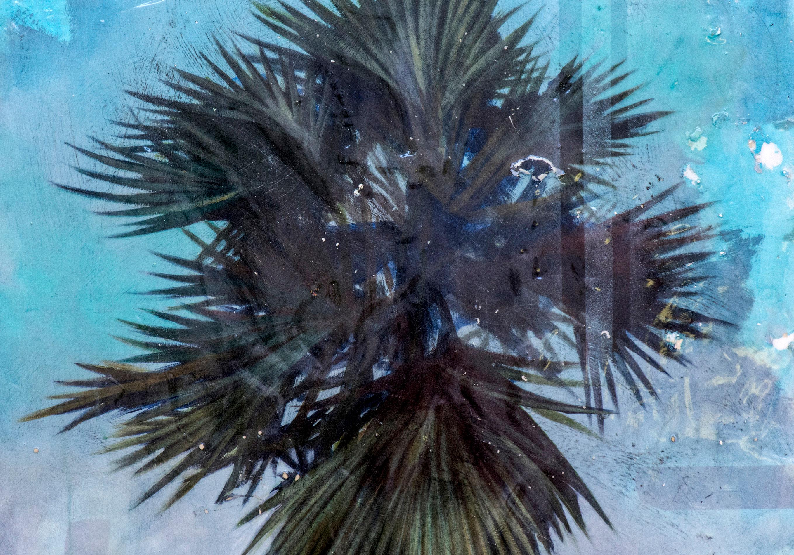 Palme - tropisch, grün, blau, zeitgenössisch, Acryl und Harz auf Platte im Angebot 1
