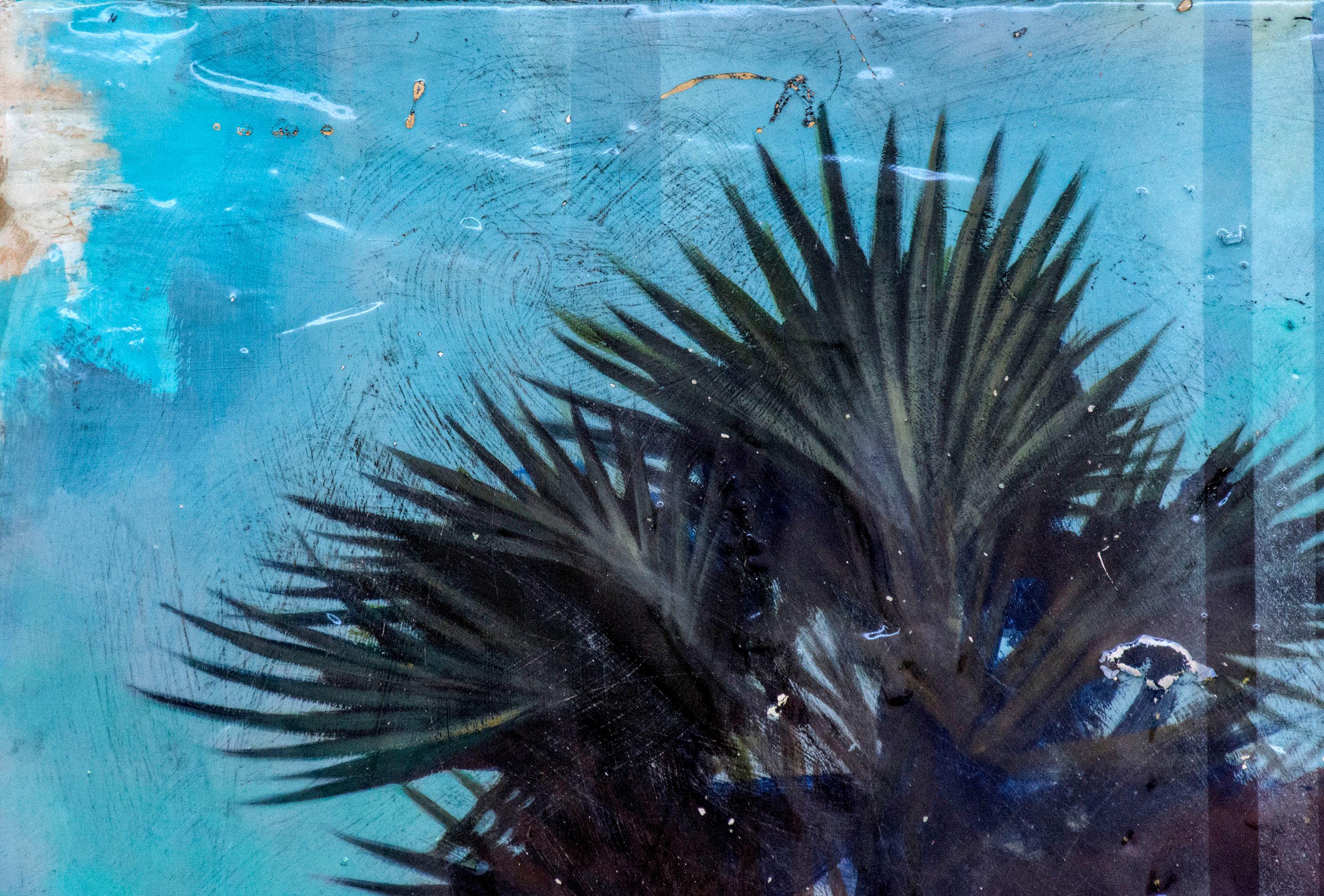 Palme - tropisch, grün, blau, zeitgenössisch, Acryl und Harz auf Platte im Angebot 2
