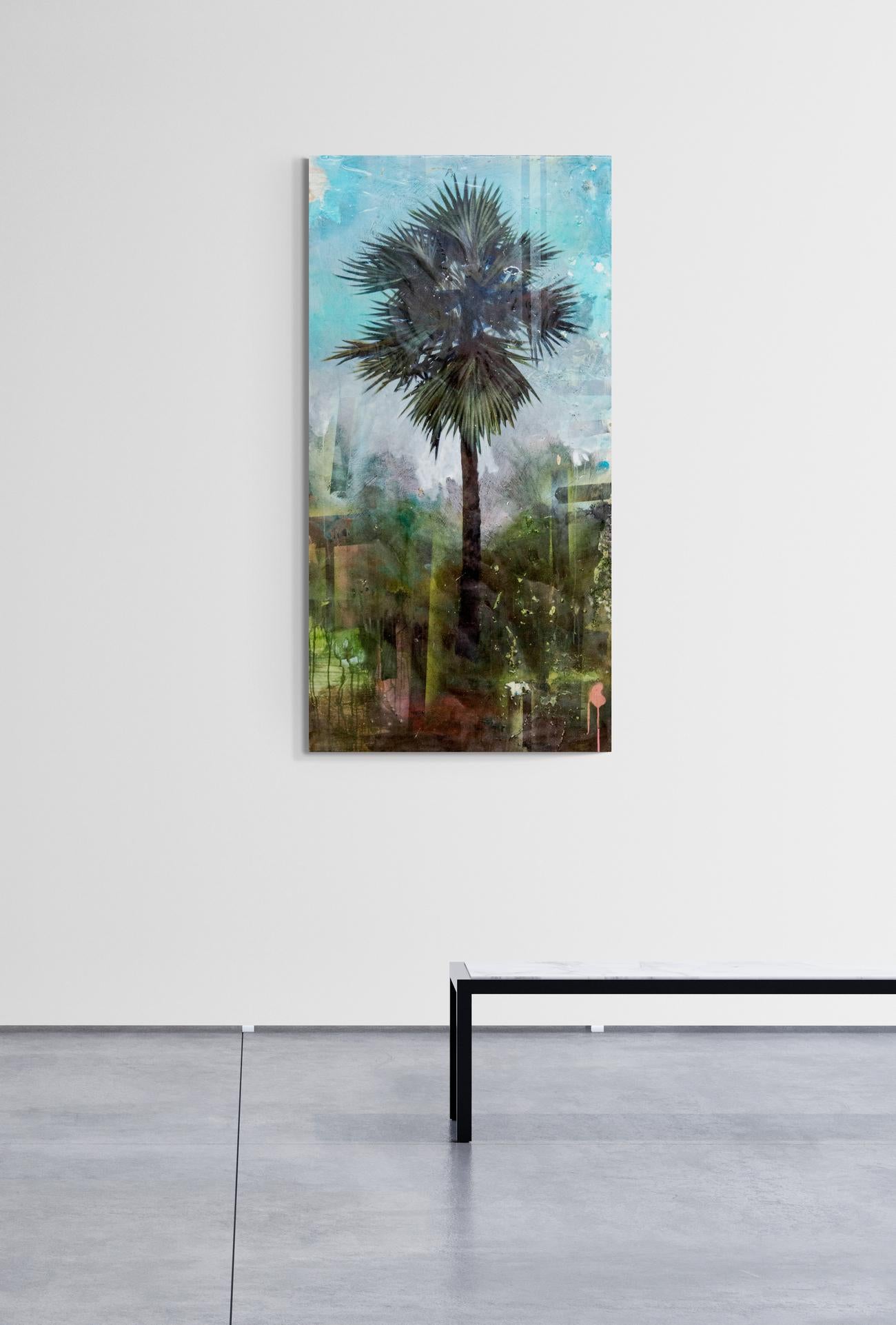 Palm Tree - tropical, green, blue, contemporary, acrylic and resin on panel For Sale 1