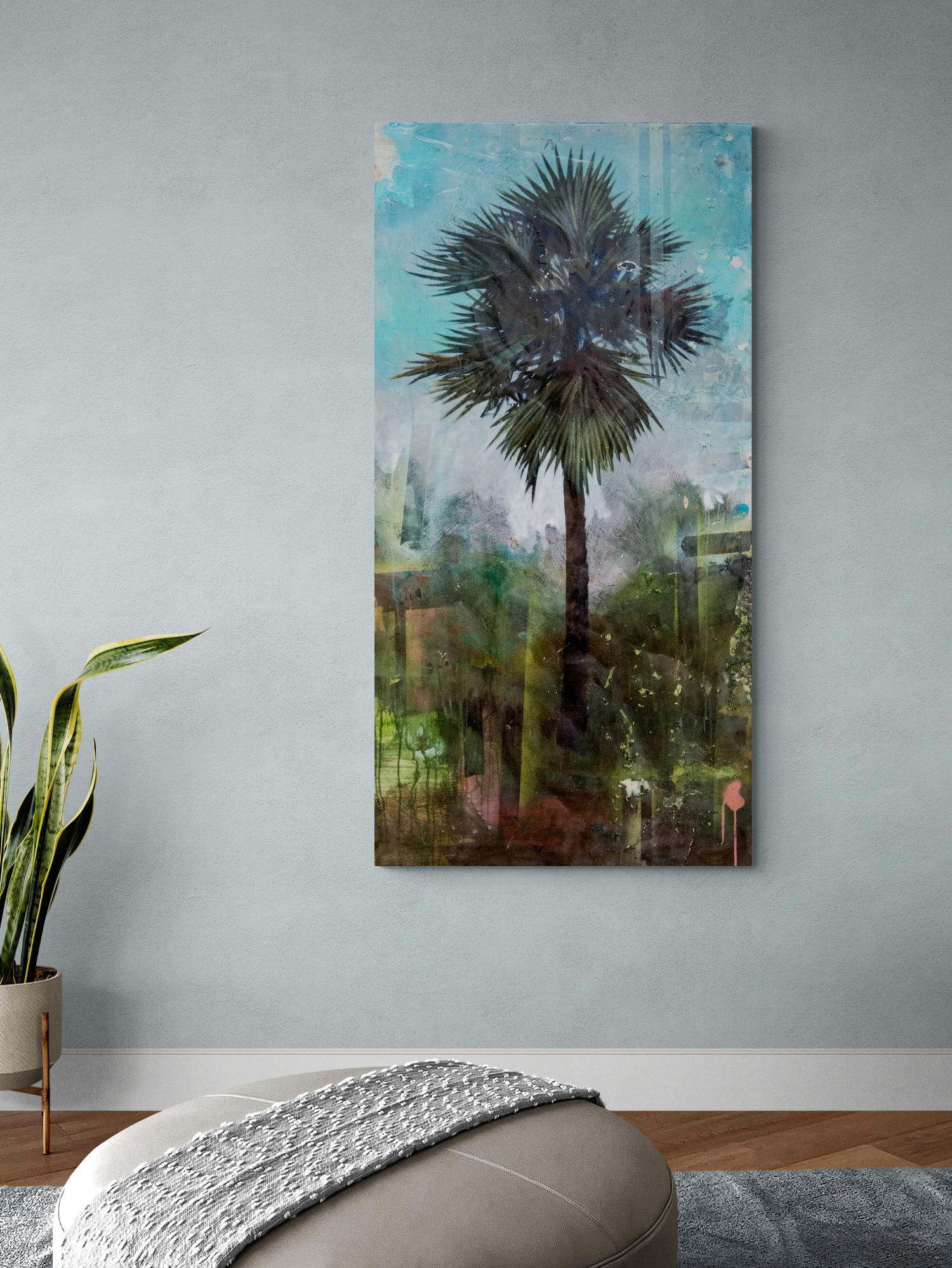 Palm Tree - tropical, green, blue, contemporary, acrylic and resin on panel For Sale 2