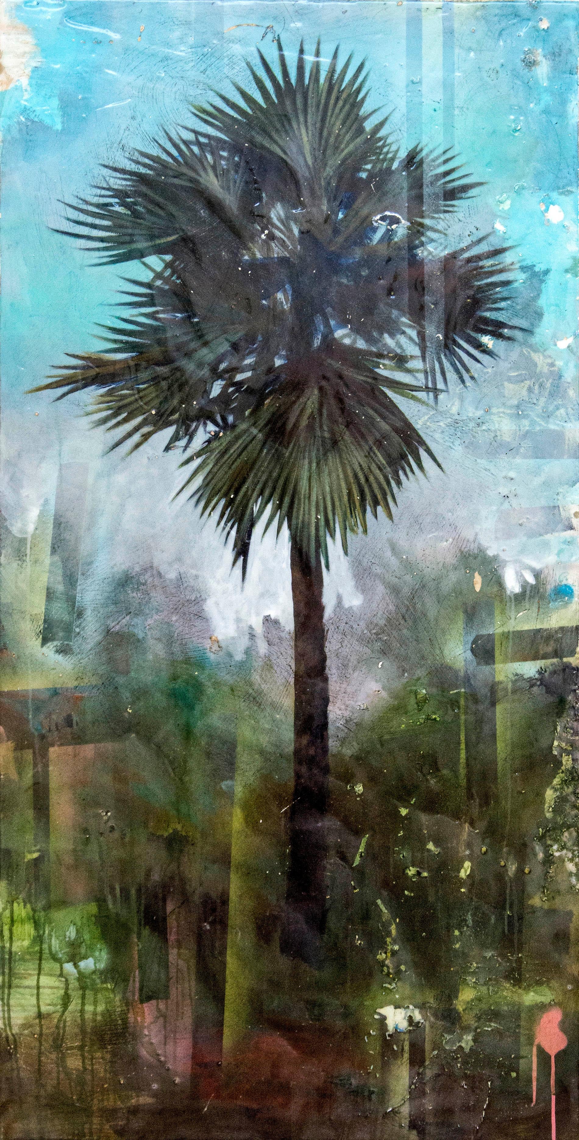 Palmier - tropical, vert, bleu, contemporain, acrylique et résine sur panneau