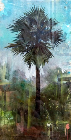 Palma - tropicale, verde, blu, contemporanea, acrilico e resina su pannello