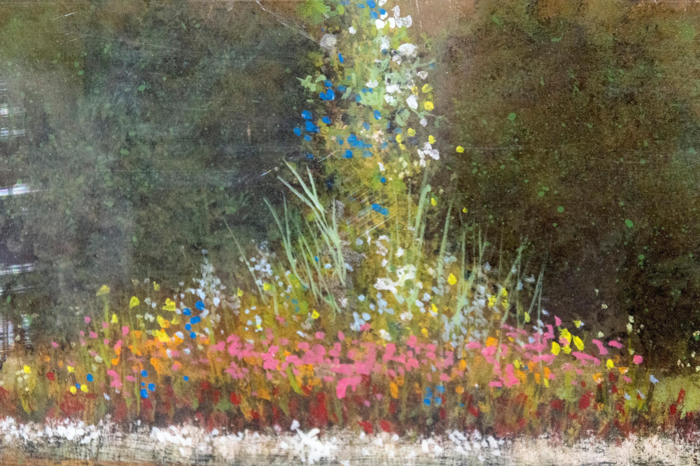 Parc - green, pink, blue, floral, landscape, acrylic, oil and resin on panel - Painting by Peter Hoffer