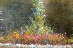 Parc - green, pink, blue, floral, landscape, acrylic, oil and resin on panel