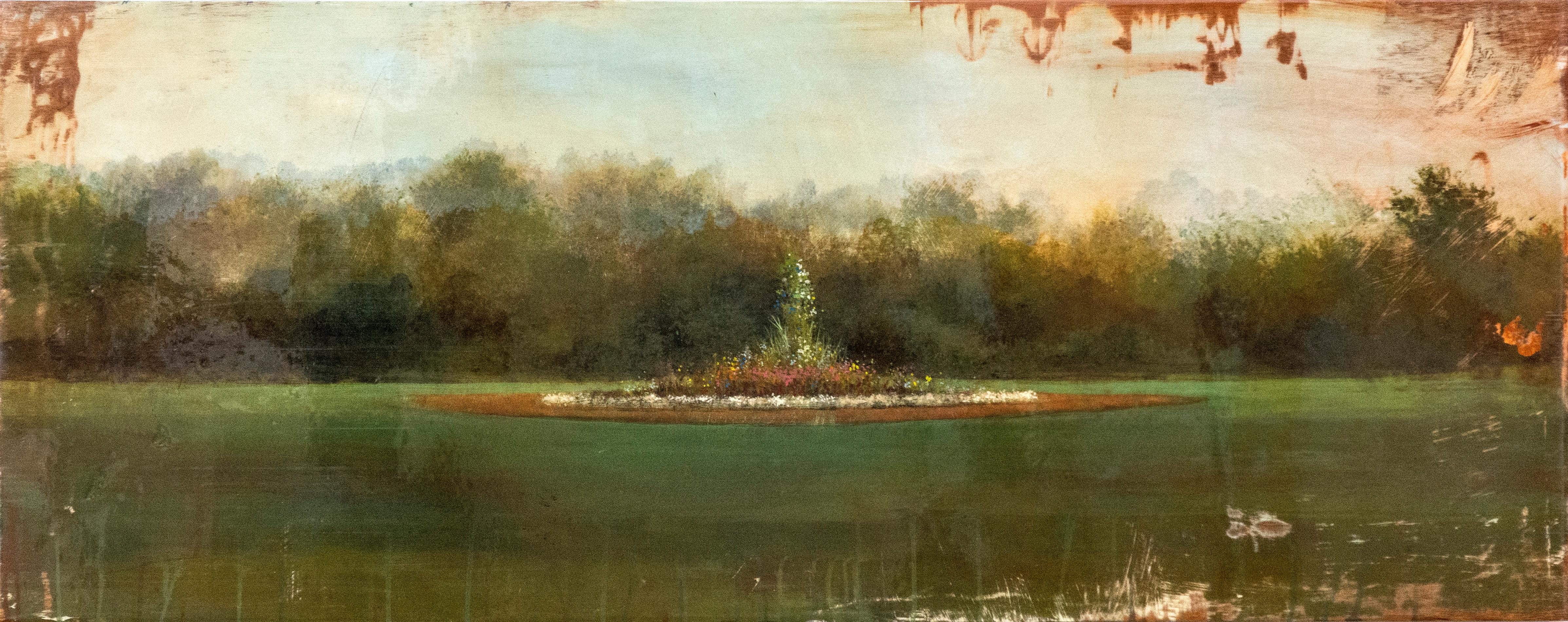 Parc - green, pink, blue, floral, landscape, acrylic, oil and resin on panel