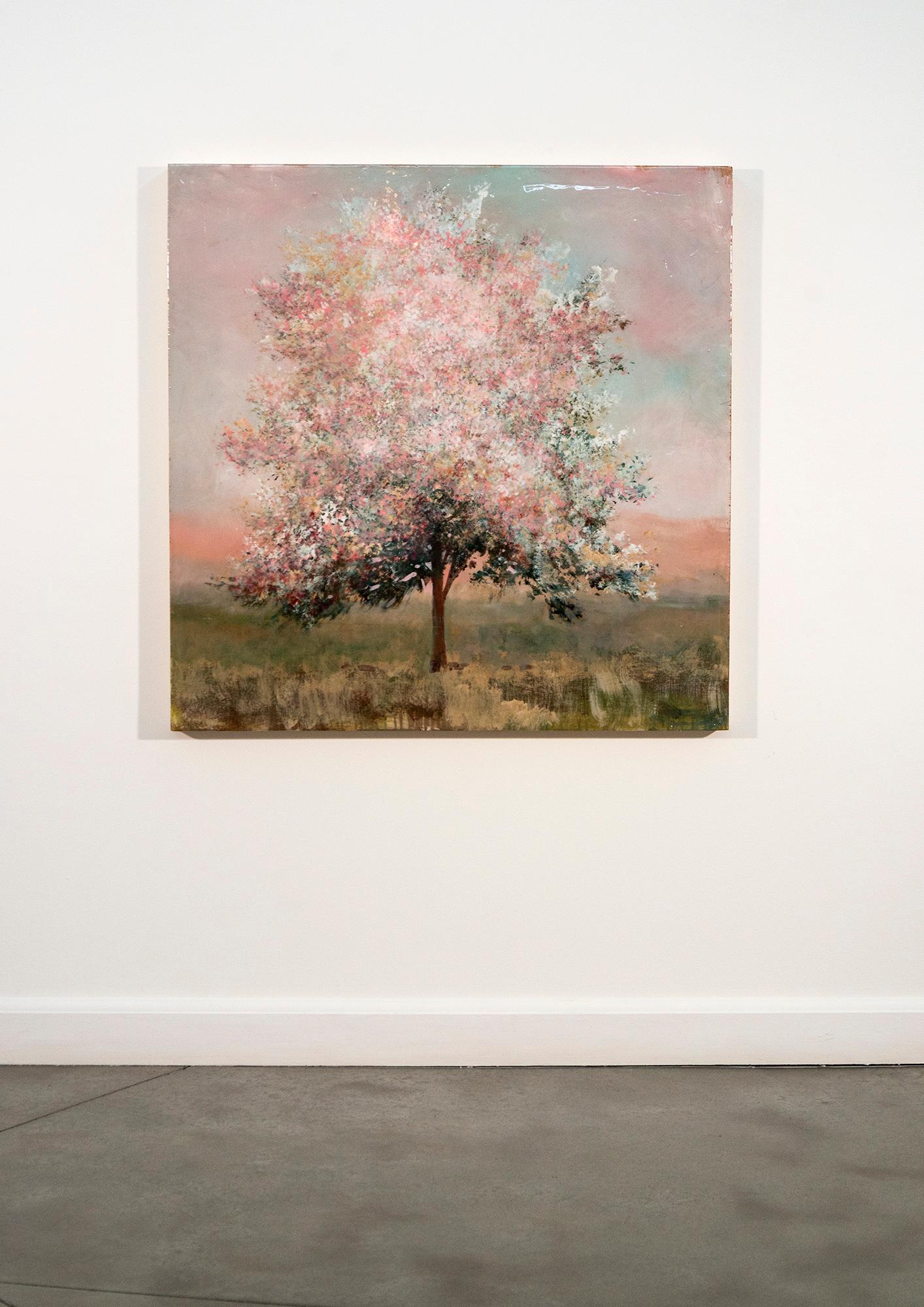 Peche - contemporaneo, paesaggio, albero, acrilico e resina su pannello - Landscape Painting Beige di Peter Hoffer