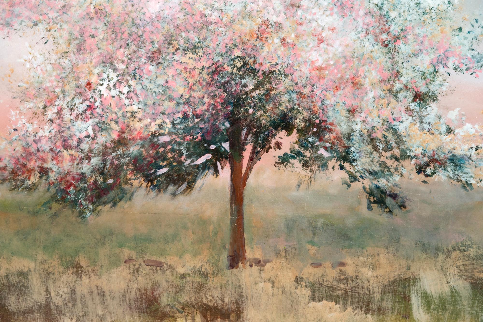 Questo paesaggio contemporaneo a tecnica mista con un albero di pesco è opera di Peter Hoffer.

In piena fioritura, la bella forma di un pesco rosa domina la tela.
Il singolo albero si staglia su un morbido ed etereo cielo turchese e rosa e su un