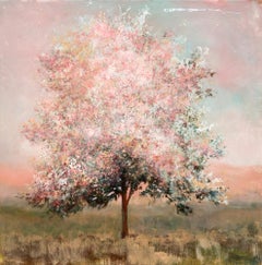 Peche - contemporaneo, paesaggio, albero, acrilico e resina su pannello