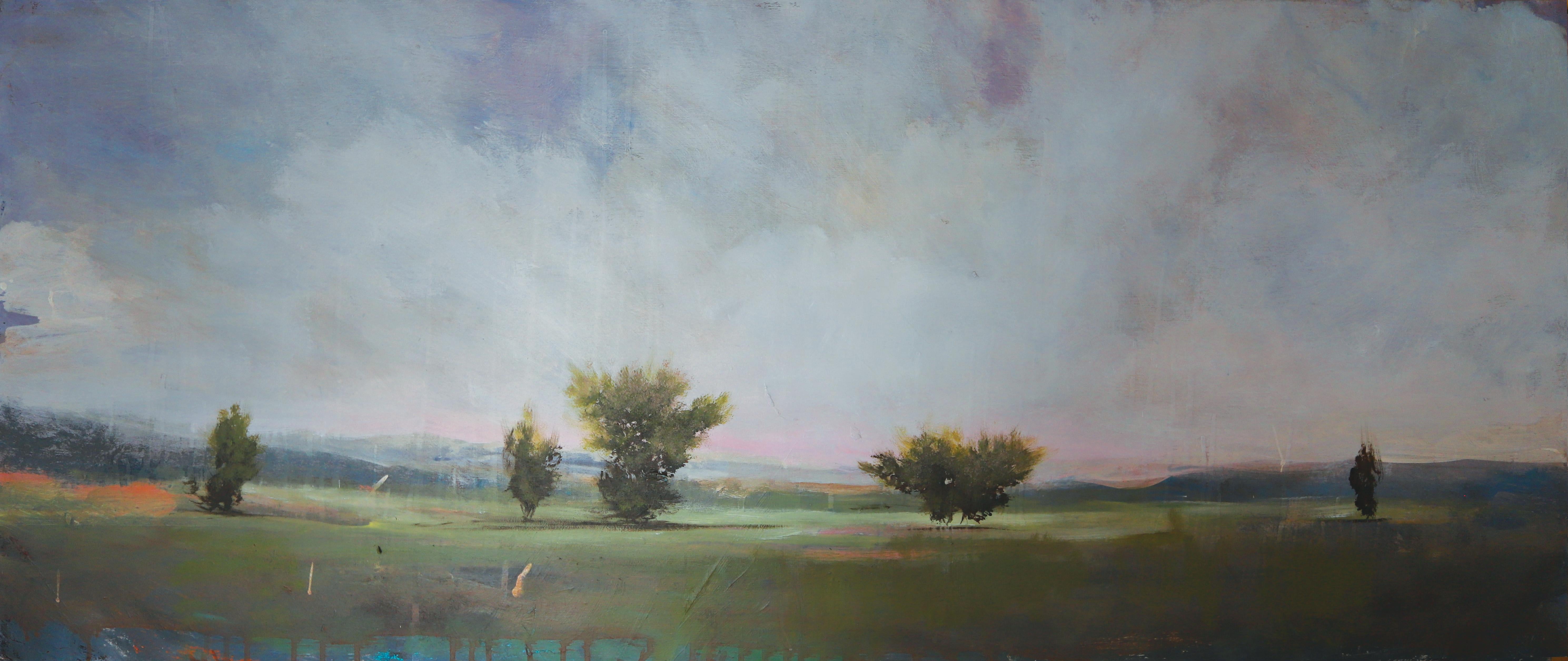Peter Hoffer
East River Plains, 2019
20 x 48 in.
acrylic, oil, and resin on panel
(hoff181)

This original landscape painting on panel by Peter Hoffer is simultaneously contemporary and traditional, with a glistening surface of thick resin over