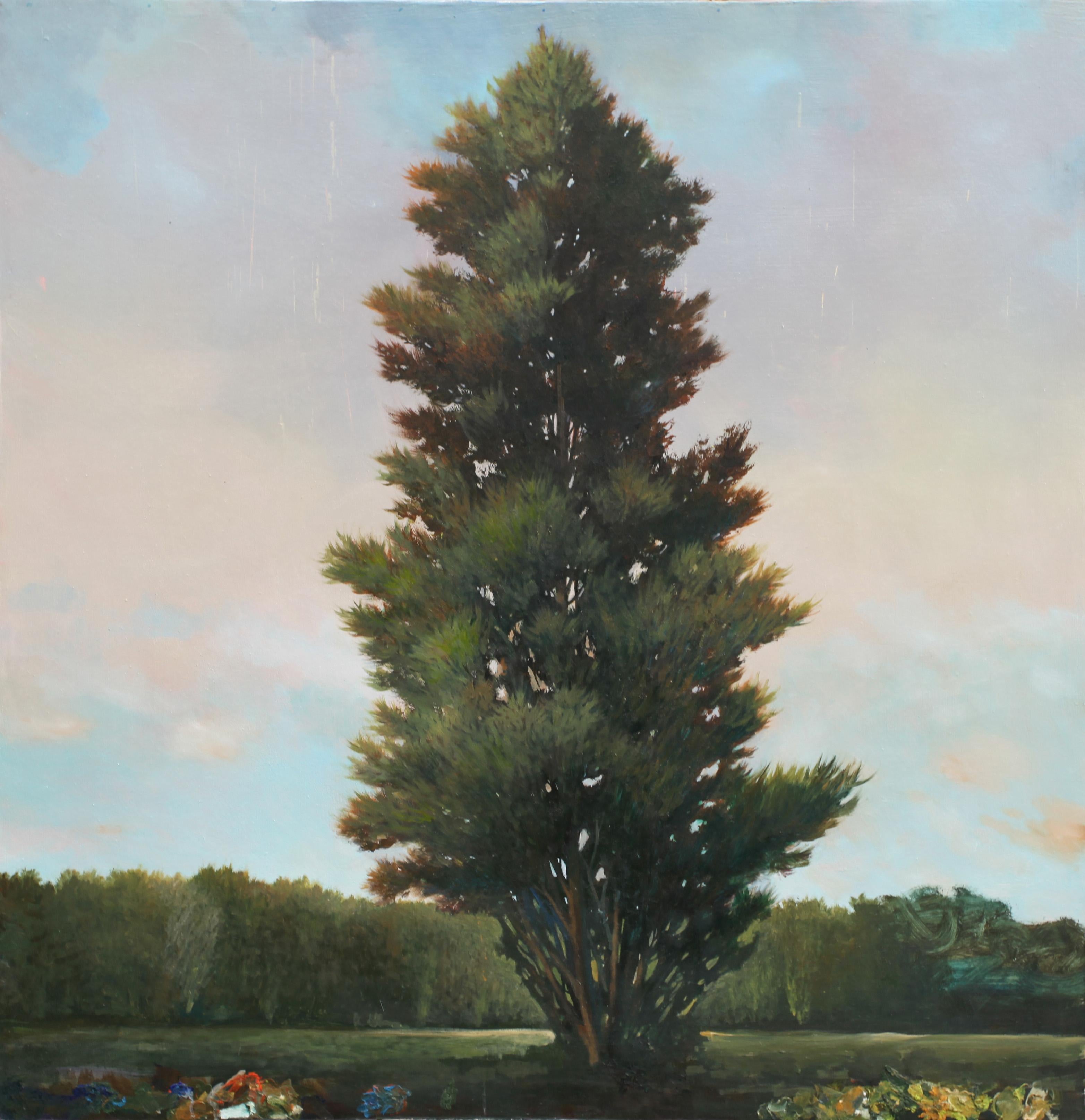 Peter Hoffer
St. Laurent, 2017
oil on canvas
55 x 55 in.
(hoff169)

This original oil painting by Peter Hoffer depicts a large tree in a field, centered on the canvas, rendered in lush green tones and set against a serene blue sky with pink and
